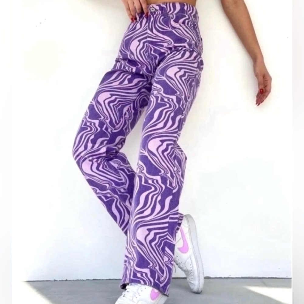 Zara Purple Psychedelic High Waisted Straight Jeans 2
